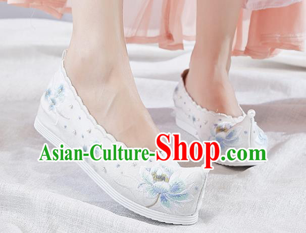 China Traditional Princess Hanfu Pearls Shoes Embroidered Lotus White Shoes National Bow Shoes China Traditional Princess Hanfu Pearls Shoes Embroidered Lotus White Shoes National Bow Shoes
