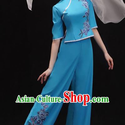China Folk Dance Fan Dance Clothing Women Group Dance Performance Costume Yangko Dance Blue Uniforms