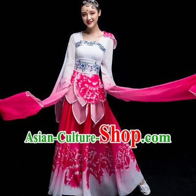 Chinese Traditional Umbrella Dance Outfits Classical Dance Clothing Wide Sleeve Dance Performance Rosy Dress