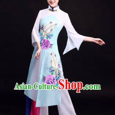 Chinese Female Solo Dance Performance Dress Traditional Umbrella Dance Blue Outfits Classical Dance Clothing