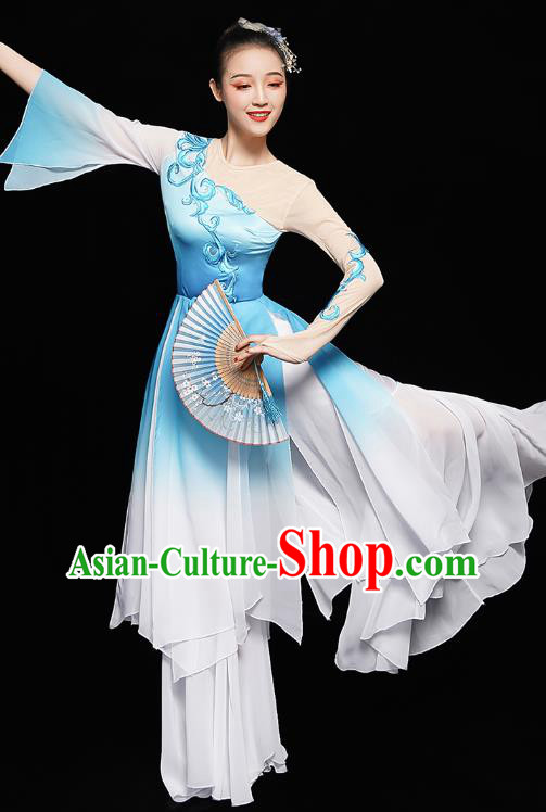 Chinese Fan Dance Blue Dress Traditional Umbrella Dance Costumes Classical Dance Clothing Chinese Fan Dance Blue Dress Traditional Umbrella Dance Costumes Classical Dance Clothing