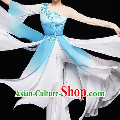 Chinese Fan Dance Blue Dress Traditional Umbrella Dance Costumes Classical Dance Clothing