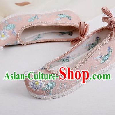 China Embroidered Lotus Pink Cloth Shoes Hanfu Bow Shoes Traditional Ming Dynasty Shoes Princess Shoes
