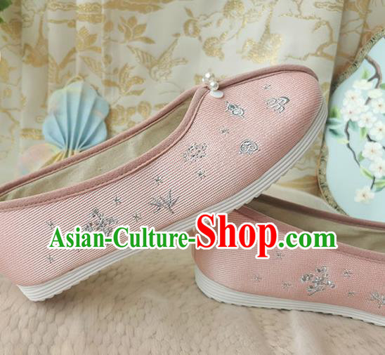 China Traditional Hanfu Shoes Song Dynasty Pearls Embroidered Shoes Ancient Princess Pink Cloth Shoes