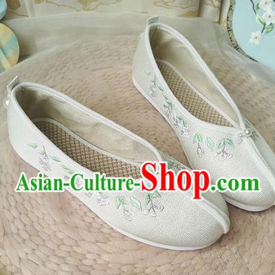 China Song Dynasty Embroidered Shoes Ancient Princess Beige Cloth Shoes Traditional Hanfu Shoes