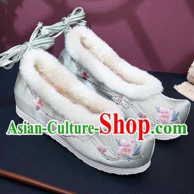 Chinese Classical Wedge Heel Shoes National Winter Shoes Traditional Embroidered Grey Satin Shoes