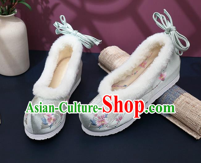 Chinese Classical Wedge Heel Shoes National Winter Shoes Traditional Embroidered Grey Satin Shoes Chinese Classical Wedge Heel Shoes National Winter Shoes Traditional Embroidered Grey Satin Shoes