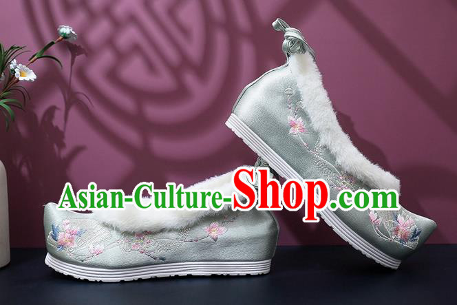 Chinese Classical Wedge Heel Shoes National Winter Shoes Traditional Embroidered Grey Satin Shoes Chinese Classical Wedge Heel Shoes National Winter Shoes Traditional Embroidered Grey Satin Shoes