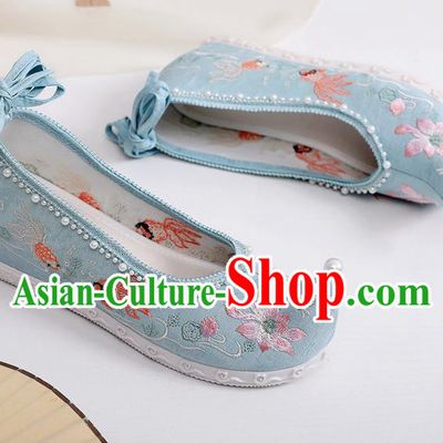 China Embroidered Lotus Goldfish Shoes Handmade Blue Cloth Shoes Ancient Ming Dynasty Princess Bow Shoes