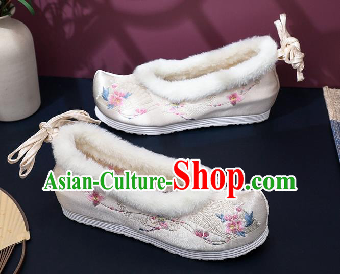 Chinese Traditional Embroidered Beige Satin Shoes Classical Wedge Heel Shoes National Winter Shoes Chinese Traditional Embroidered Beige Satin Shoes Classical Wedge Heel Shoes National Winter Shoes