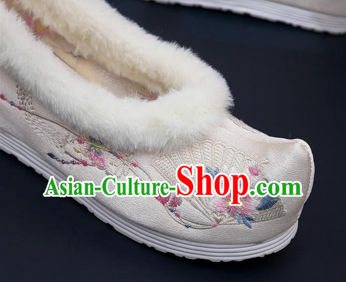 Chinese Traditional Embroidered Beige Satin Shoes Classical Wedge Heel Shoes National Winter Shoes Chinese Traditional Embroidered Beige Satin Shoes Classical Wedge Heel Shoes National Winter Shoes