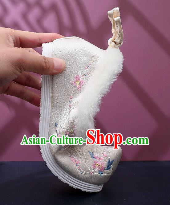 Chinese Traditional Embroidered Beige Satin Shoes Classical Wedge Heel Shoes National Winter Shoes Chinese Traditional Embroidered Beige Satin Shoes Classical Wedge Heel Shoes National Winter Shoes