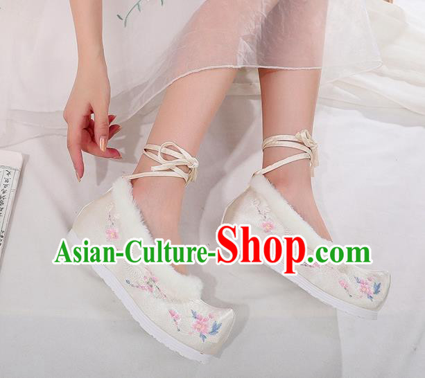Chinese Traditional Embroidered Beige Satin Shoes Classical Wedge Heel Shoes National Winter Shoes Chinese Traditional Embroidered Beige Satin Shoes Classical Wedge Heel Shoes National Winter Shoes