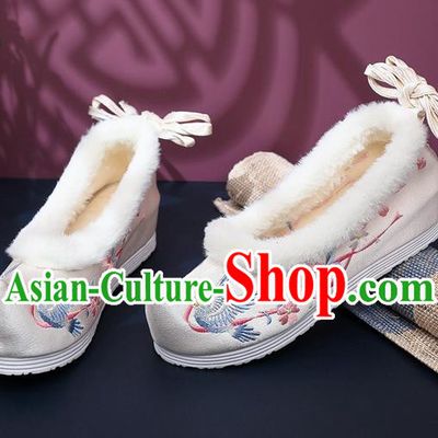 Chinese National Winter Wedge Heel Shoes Traditional Embroidered Beige Satin Shoes Classical Hanfu Shoes
