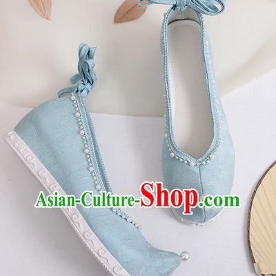 China Handmade Blue Cloth Shoes Ancient Princess Bow Shoes Classical Dance Shoes