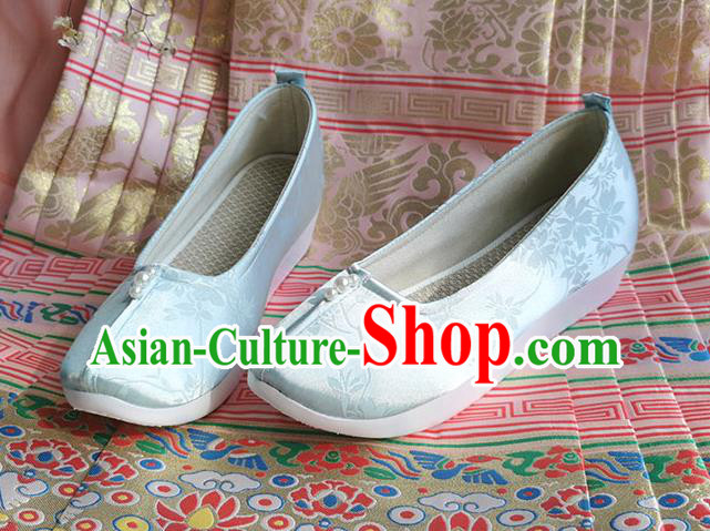 China Traditional Blue Satin Shoes Ming Dynasty Princess Shoes Ancient Hanfu Shoes