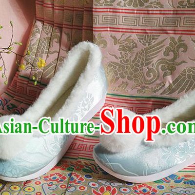 China Traditional Blue Satin Shoes Ming Dynasty Princess Shoes Ancient Hanfu Winter Shoes