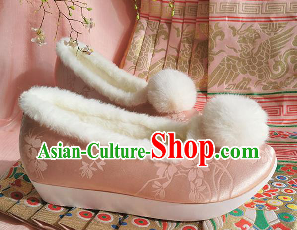China Ancient Hanfu Winter Shoes Traditional Pink Satin Shoes Ming Dynasty Princess Shoes China Ancient Hanfu Winter Shoes Traditional Pink Satin Shoes Ming Dynasty Princess Shoes
