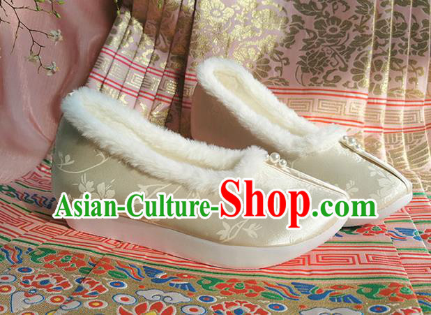 China Ming Dynasty Princess Shoes Ancient Hanfu Winter Shoes Traditional Beige Satin Shoes China Ming Dynasty Princess Shoes Ancient Hanfu Winter Shoes Traditional Beige Satin Shoes