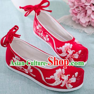 China Traditional Ming Dynasty Hanfu Shoes Embroidered Flowers Shoes Ancient Palace Lady Wedding Shoes