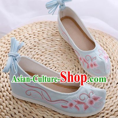 China Ancient Princess Hanfu Shoes Classical Dance Blue Cloth Shoes Embroidered Shoes