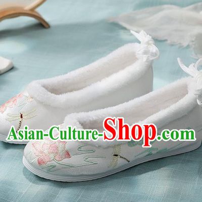 Chinese Embroidered Lotus Shoes National Woman Winter Shoes Traditional Hanfu Shoes White Cloth Shoes
