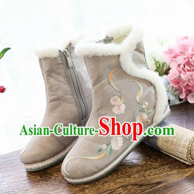 Chinese National Winter Boots Traditional Ancient Swordswoman Shoes Embroidered Grey Cloth Boots
