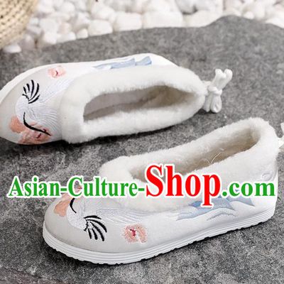 Chinese Traditional Folk Dance Shoes Woman Embroidered Crane Shoes National White Cloth Shoes