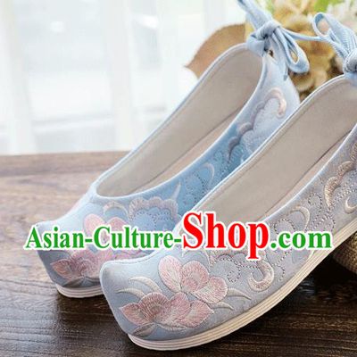 China Handmade Folk Dance Shoes Embroidered Blue Cloth Bow Shoes Traditional Hanfu Shoes