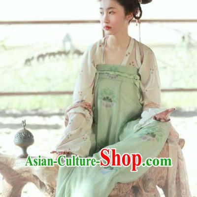 China Ancient Young Beauty Green Hanfu Dress Traditional Tang Dynasty Village Girl Historical Clothing