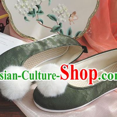 China Handmade Ancient Jin Dynasty Princess Shoes Olive Green Satin Shoes Traditional Hanfu Shoes