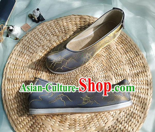 Chinese Traditional Embroidered Shoes Grey Cloth Shoes Ancient Swordsman Shoes
