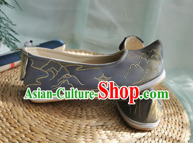 Chinese Traditional Embroidered Shoes Grey Cloth Shoes Ancient Swordsman Shoes