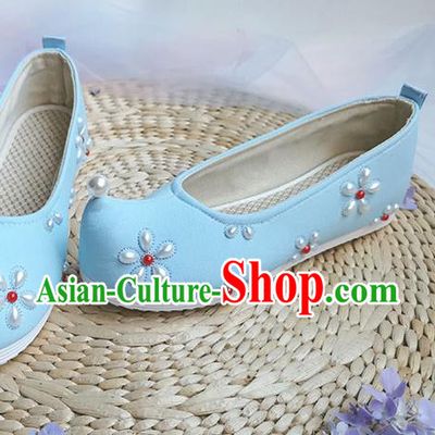 China Handmade Hanfu Blue Cloth Shoes Traditional Song Dynasty Pearls Shoes Ancient Princess Shoes