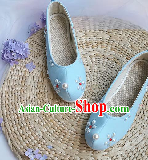 China Handmade Hanfu Blue Cloth Shoes Traditional Song Dynasty Pearls Shoes Ancient Princess Shoes China Handmade Hanfu Blue Cloth Shoes Traditional Song Dynasty Pearls Shoes Ancient Princess Shoes