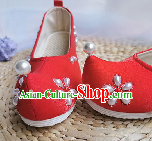 China Handmade Wedding Red Cloth Shoes Traditional Song Dynasty Pearls Shoes Ancient Princess Shoes China Handmade Wedding Red Cloth Shoes Traditional Song Dynasty Pearls Shoes Ancient Princess Shoes
