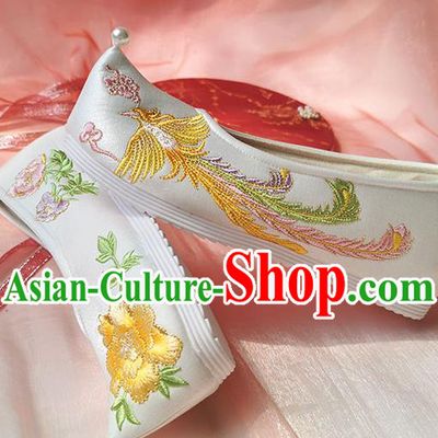 China Traditional Ming Dynasty Hanfu Shoes Ancient Princess White Shoes Classical Embroidered Phoenix Shoes