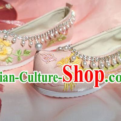 China Ancient Princess Pink Cloth Shoes Classical Beads Tassel Shoes Embroidered Phoenix Shoes Traditional Ming Dynasty Shoes