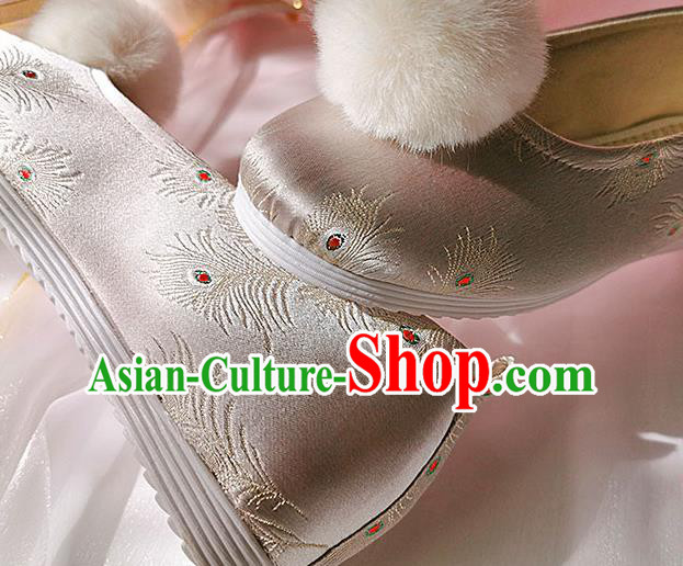 China Ancient Princess Shoes Classical Pink Brocade Shoes Traditional Hanfu Embroidered Peacock Feather Shoes China Ancient Princess Shoes Classical Pink Brocade Shoes Traditional Hanfu Embroidered Peacock Feather Shoes