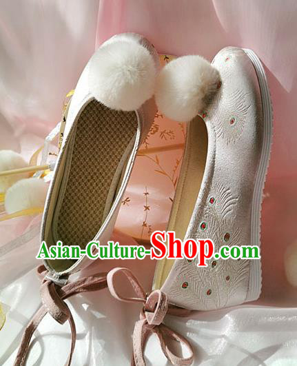 China Ancient Princess Shoes Classical Pink Brocade Shoes Traditional Hanfu Embroidered Peacock Feather Shoes China Ancient Princess Shoes Classical Pink Brocade Shoes Traditional Hanfu Embroidered Peacock Feather Shoes