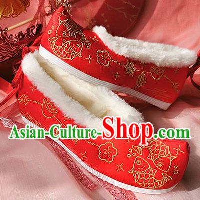 China Classical Xiuhe Wedding Shoes Traditional Hanfu Red Embroidered Shoes Ancient Bride Shoes