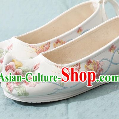 China Ancient Ming Dynasty Princess Shoes Traditional Hanfu Bow Shoes Embroidery Peony Butterfly Shoes