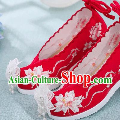 China National Wedding Red Cloth Shoes Traditional Hanfu Embroidered Shoes Handmade Lace Flower Wedge Shoes