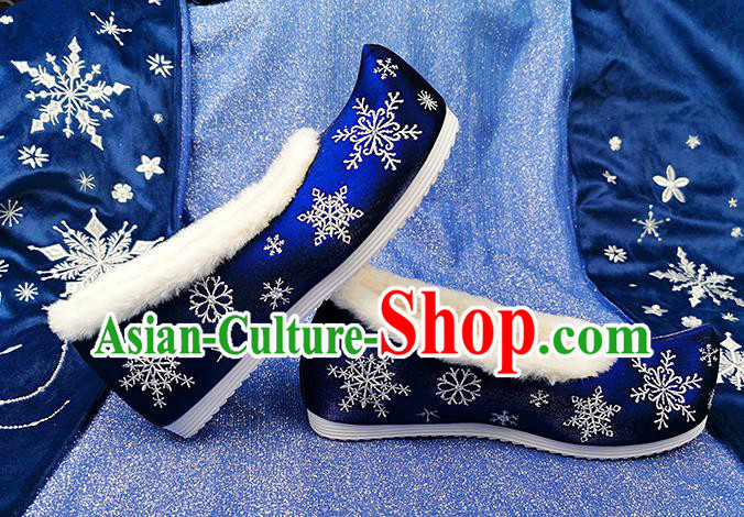 China Traditional Hanfu Embroidered Snowflake Shoes Ancient Princess Shoes Classical Royalblue Cloth Shoes China Traditional Hanfu Embroidered Snowflake Shoes Ancient Princess Shoes Classical Royalblue Cloth Shoes