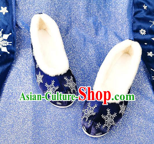 China Traditional Hanfu Embroidered Snowflake Shoes Ancient Princess Shoes Classical Royalblue Cloth Shoes China Traditional Hanfu Embroidered Snowflake Shoes Ancient Princess Shoes Classical Royalblue Cloth Shoes