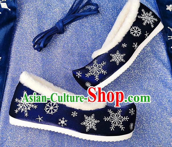 China Traditional Hanfu Embroidered Snowflake Shoes Ancient Princess Shoes Classical Royalblue Cloth Shoes China Traditional Hanfu Embroidered Snowflake Shoes Ancient Princess Shoes Classical Royalblue Cloth Shoes