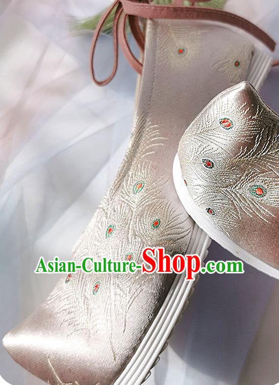 China Classical Pink Brocade Shoes Traditional Hanfu Embroidered Peacock Feather Shoes Ancient Princess Shoes China Classical Pink Brocade Shoes Traditional Hanfu Embroidered Peacock Feather Shoes Ancient Princess Shoes