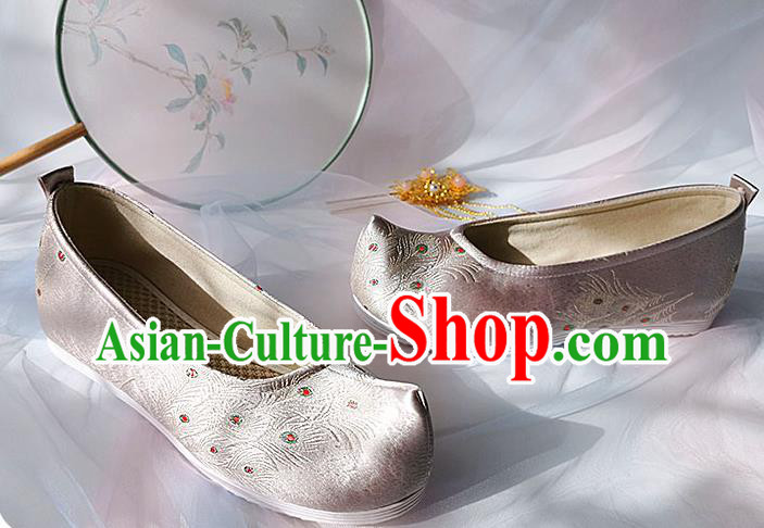 China Classical Pink Brocade Shoes Traditional Hanfu Embroidered Peacock Feather Shoes Ancient Princess Shoes China Classical Pink Brocade Shoes Traditional Hanfu Embroidered Peacock Feather Shoes Ancient Princess Shoes