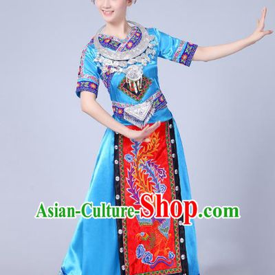 China Ethnic Stage Performance Blue Dress Yao Nationality Clothing Miao Minority Folk Dance Outfits and Hair Accessories