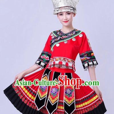 China Miao Nationality Performance Clothing Xiangxi Minority Folk Dance Outfits Hmong Ethnic Red Short Dress and Headwear
